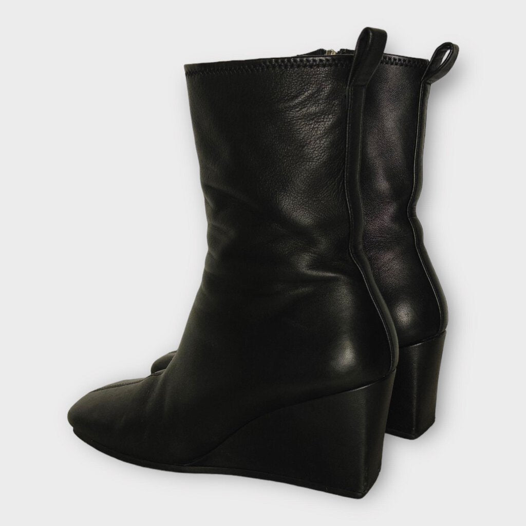 Black Leather Square Toe Wedge Boot
