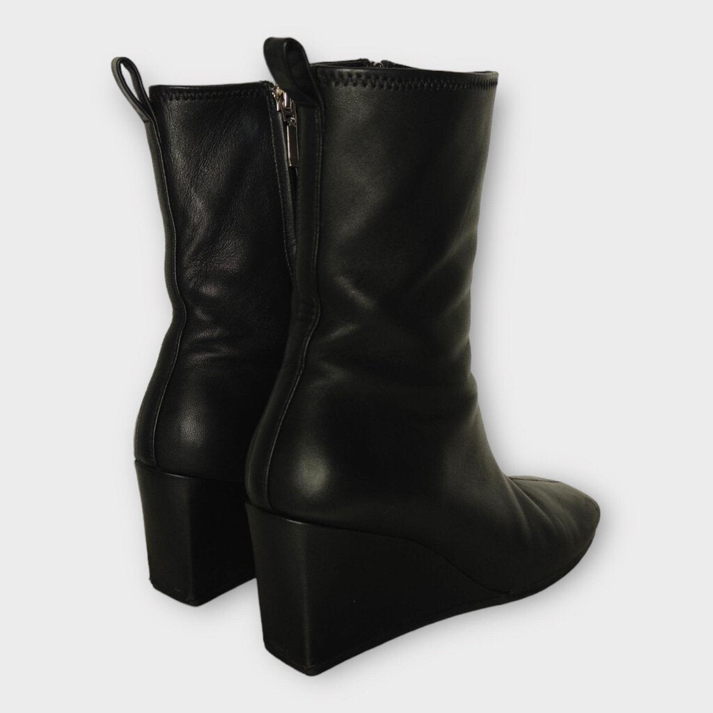 Black Leather Square Toe Wedge Boot
