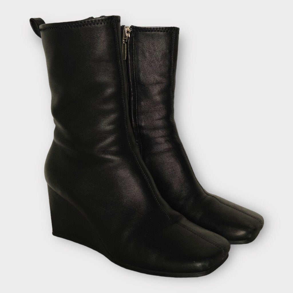 Black Leather Square Toe Wedge Boot