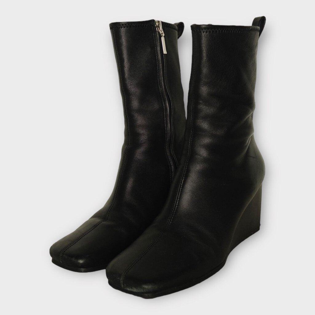 Black Leather Square Toe Wedge Boot
