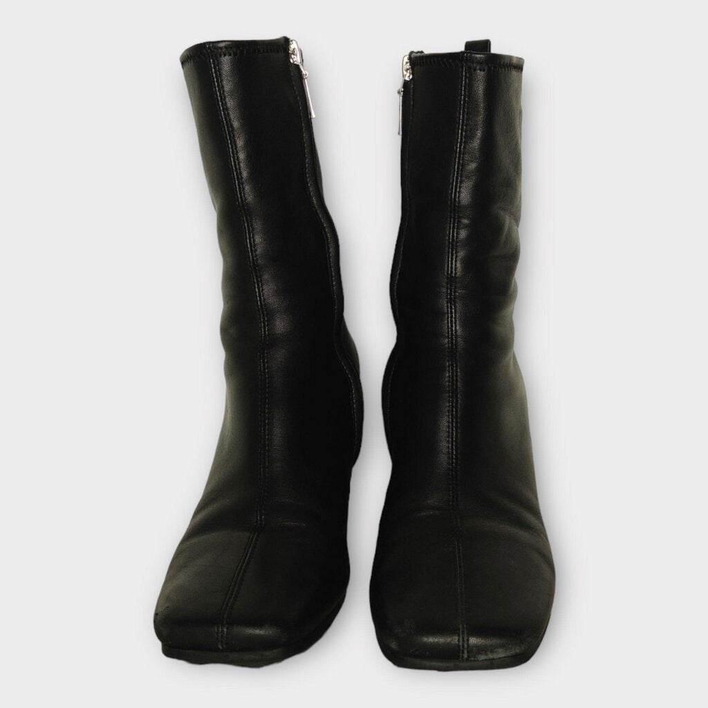 Black Leather Square Toe Wedge Boot