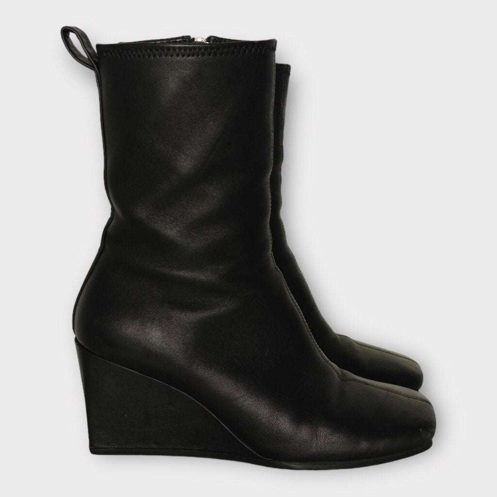 Black Leather Square Toe Wedge Boot