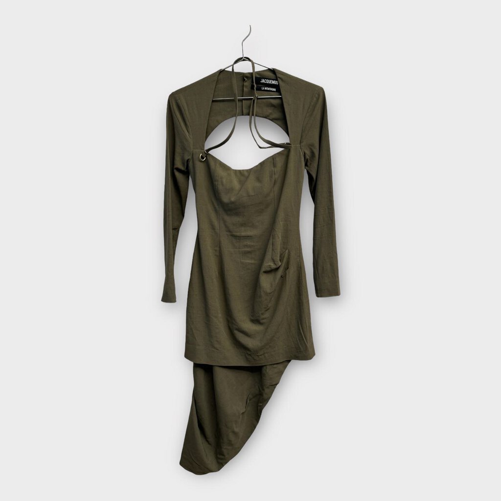 Khaki Green Long Sleeve Open Back Mini Dress