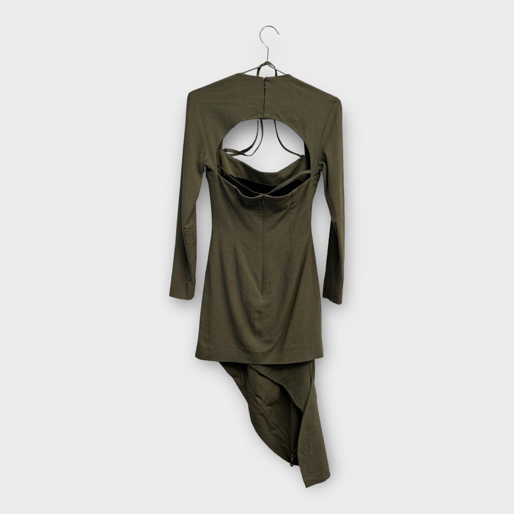 Khaki Green Long Sleeve Open Back Mini Dress