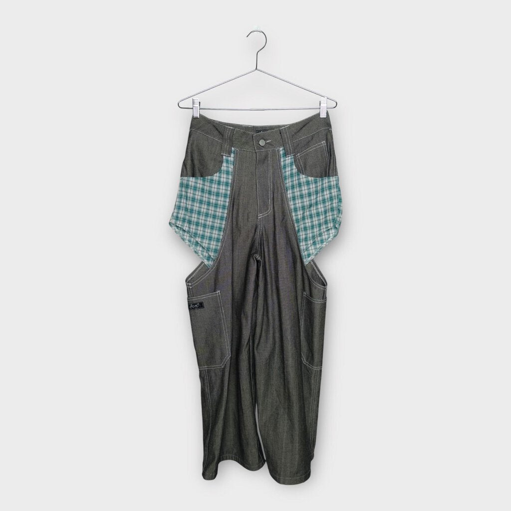 Black & White Drill Denim Cut Out Pants with Gingham Panel