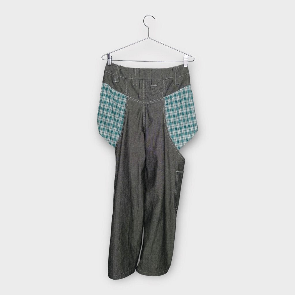 Black & White Drill Denim Cut Out Pants with Gingham Panel