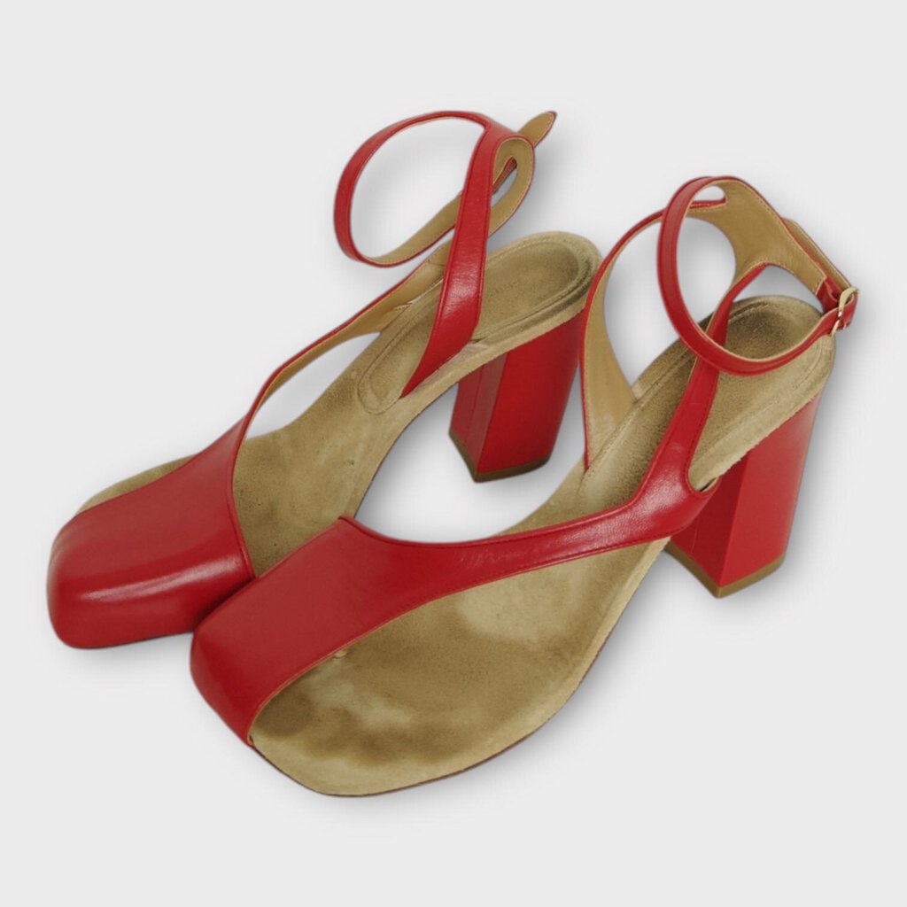 Red Leather Cut Out Square Toe Heel