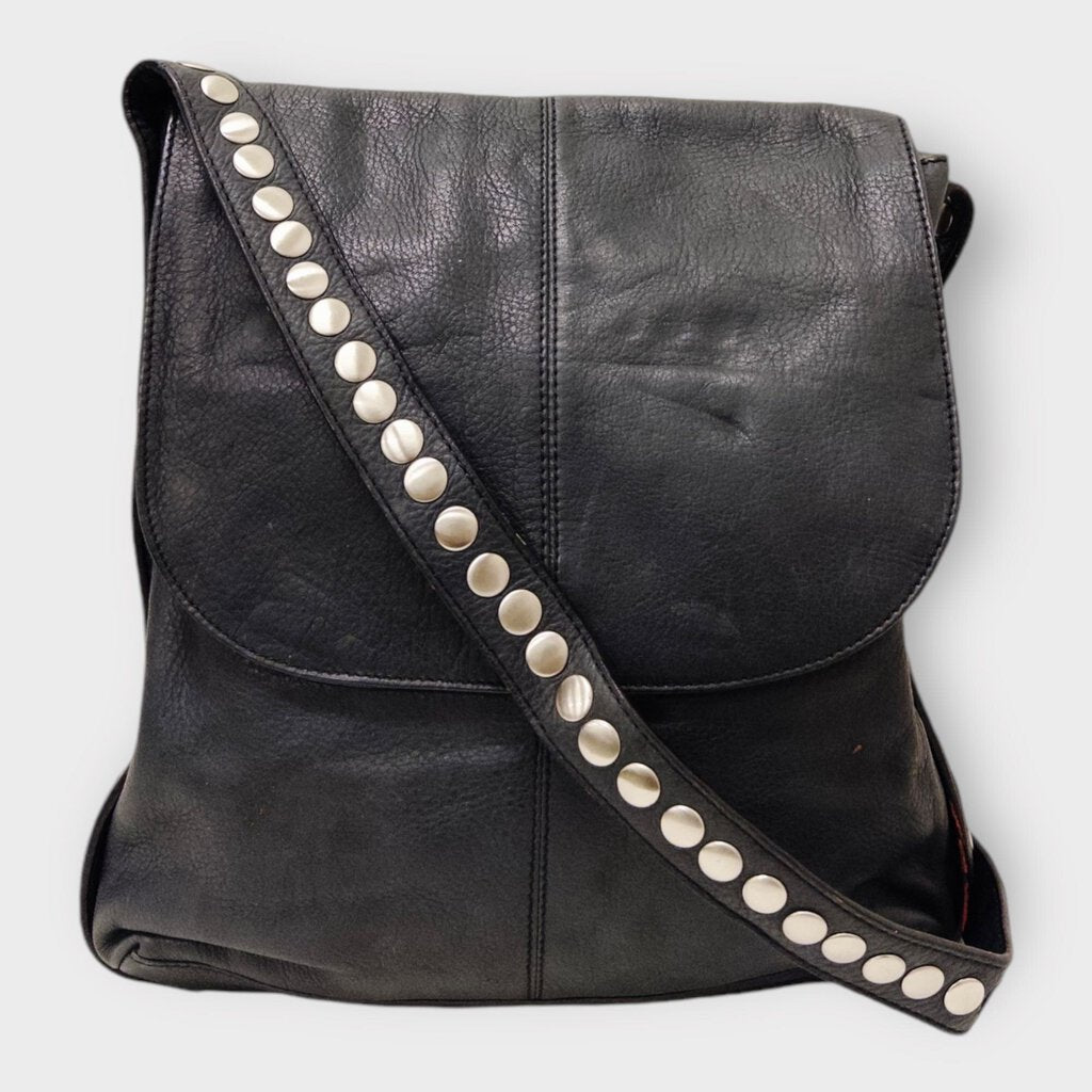 Black Leather Silver Studded Strap Bag