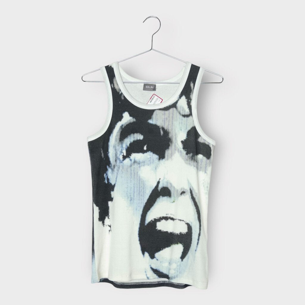 CH AI White Ribbed Psycho Movie Graphic Tank
