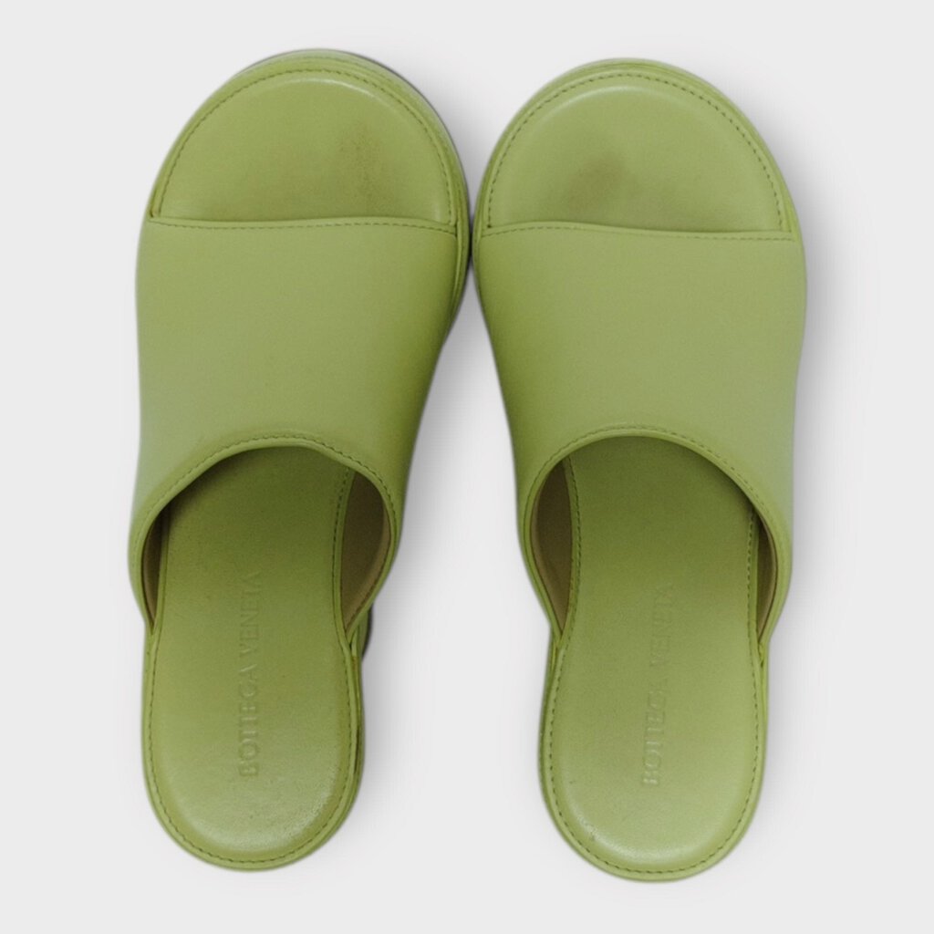 Green Leather Stack Wedge Mules