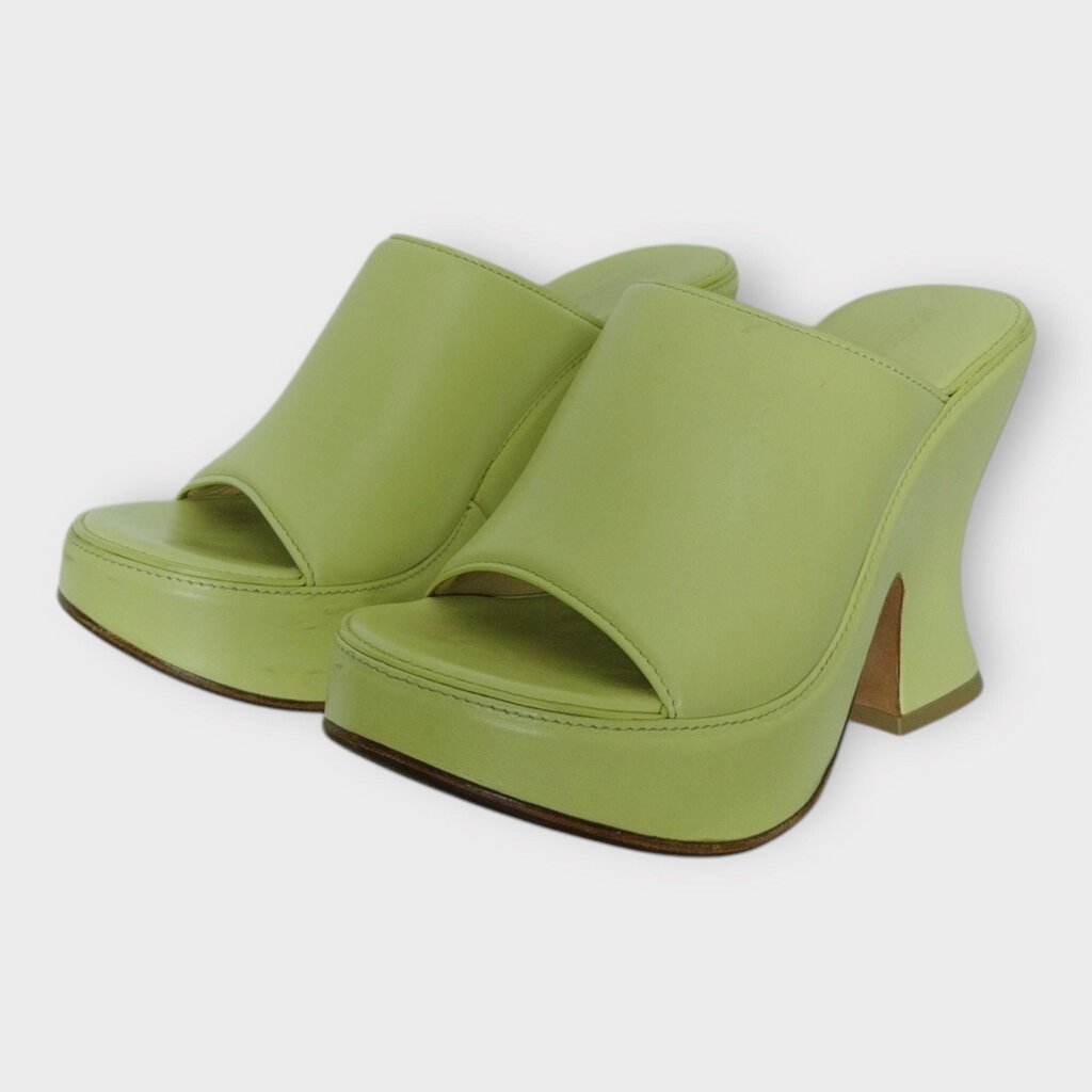 Green Leather Stack Wedge Mules
