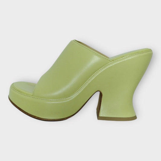 Green Leather Stack Wedge Mules