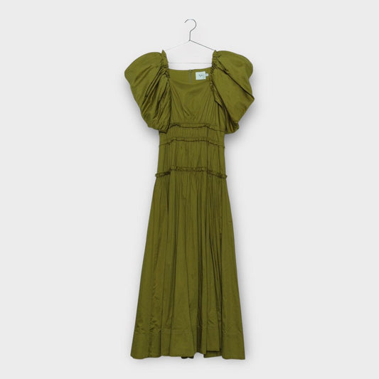 Green Frequency Puff Sleeve Midi Dress