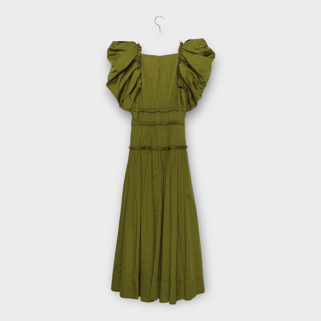 Green Frequency Puff Sleeve Midi Dress