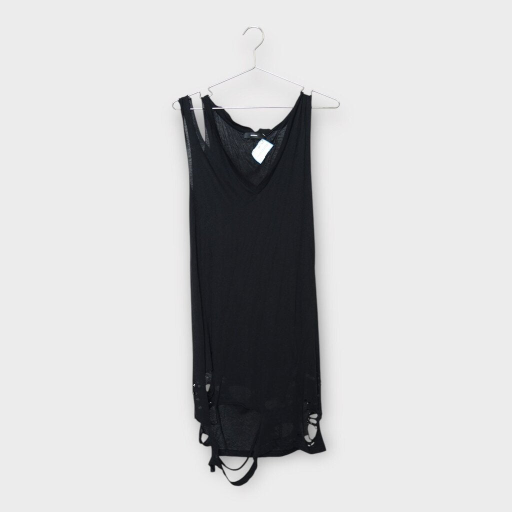 Diesel Black Cotton Distressed V-Neck Tank Dress