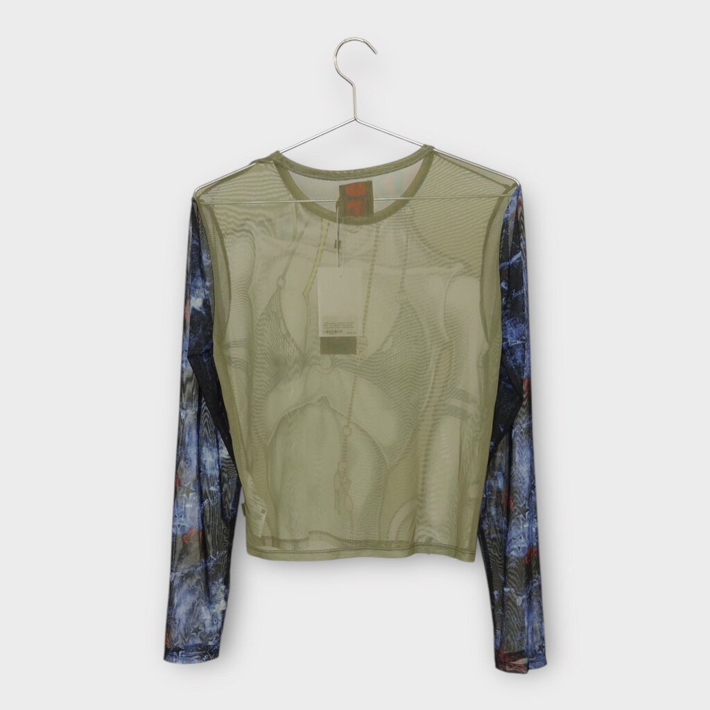 NWT 22 Khaki & Grey Body Illustration Mesh Long Sleeve Top