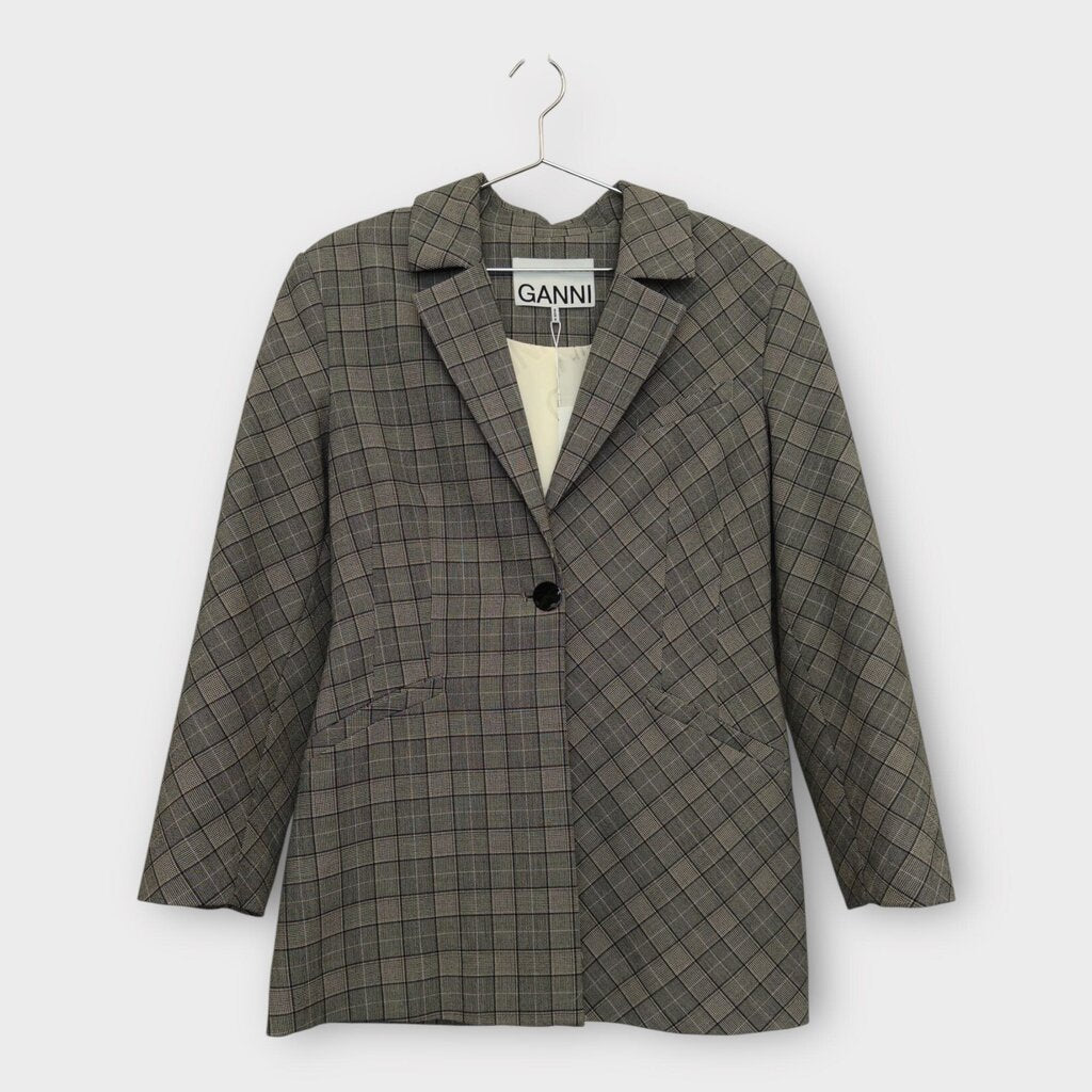 Ganni Grey Check Mix Fitted Blazer