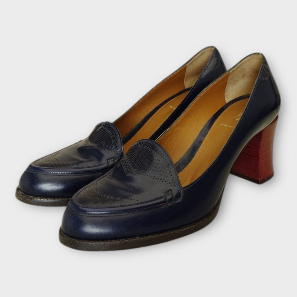 Fendi Navy Leather Wooden Block Heel Loafer