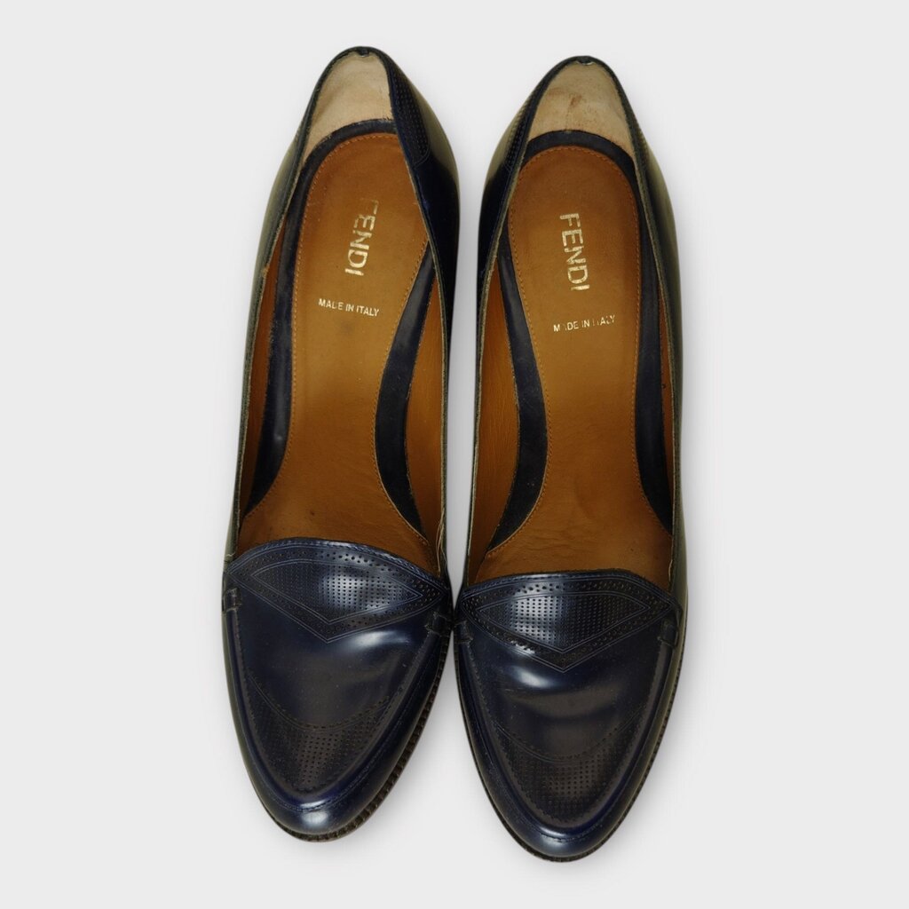 Fendi Navy Leather Wooden Block Heel Loafer