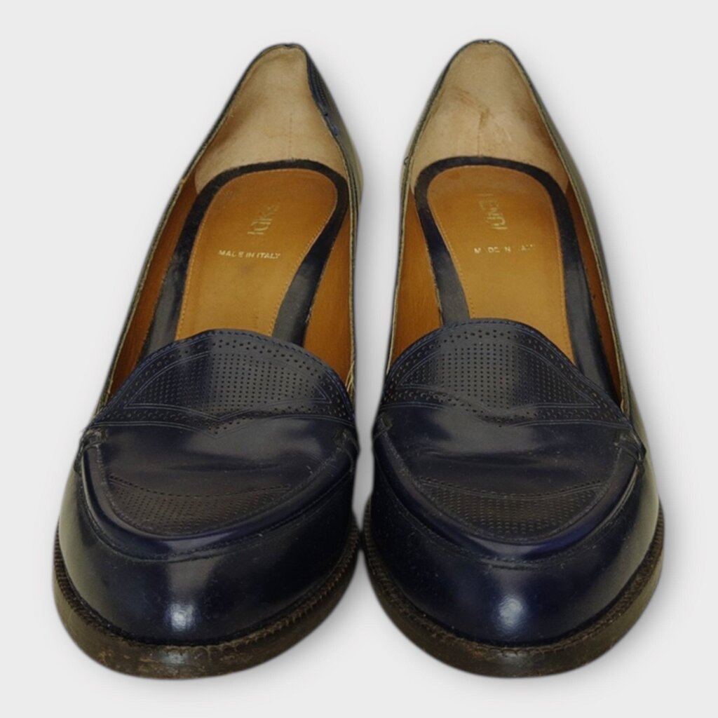 Fendi Navy Leather Wooden Block Heel Loafer