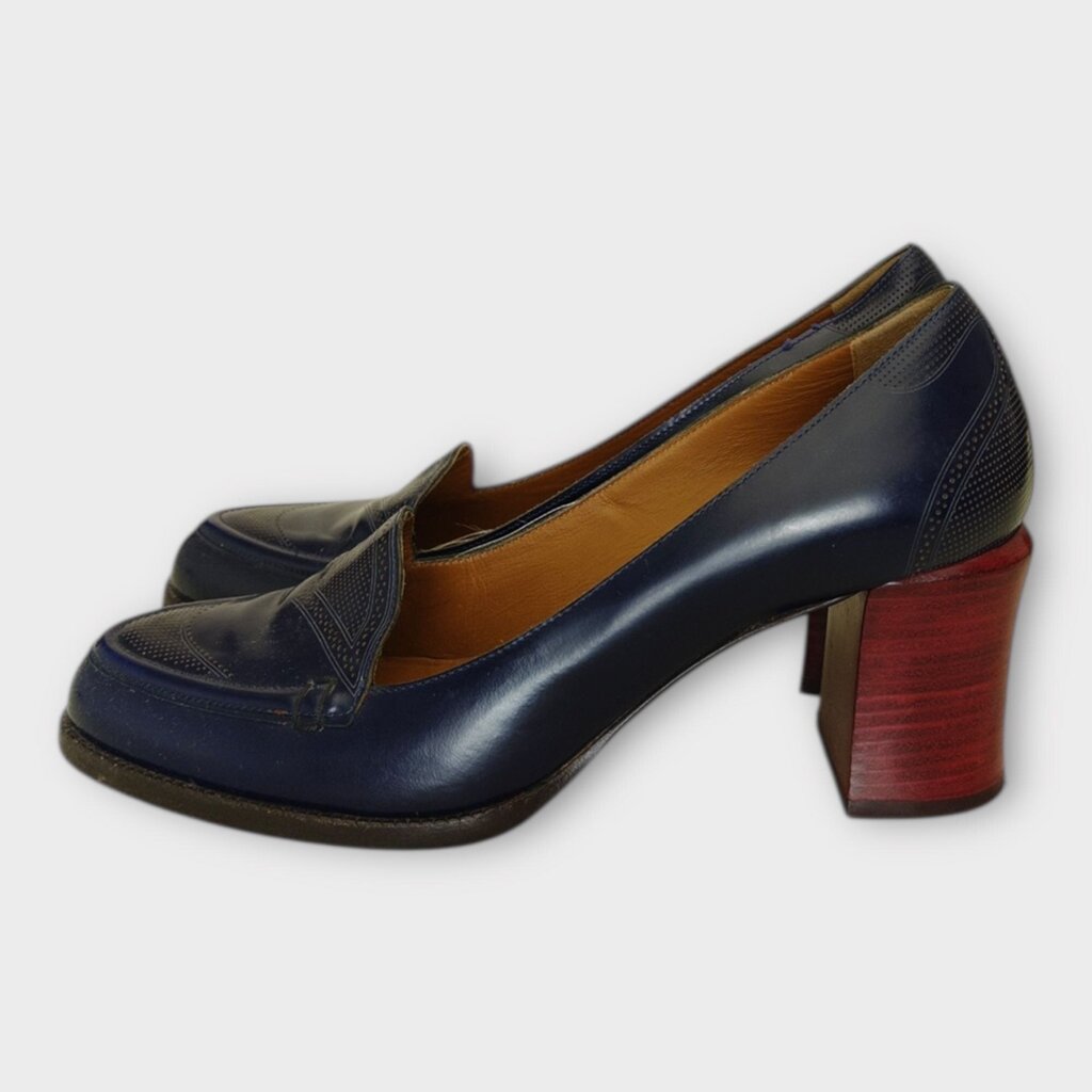 Fendi Navy Leather Wooden Block Heel Loafer