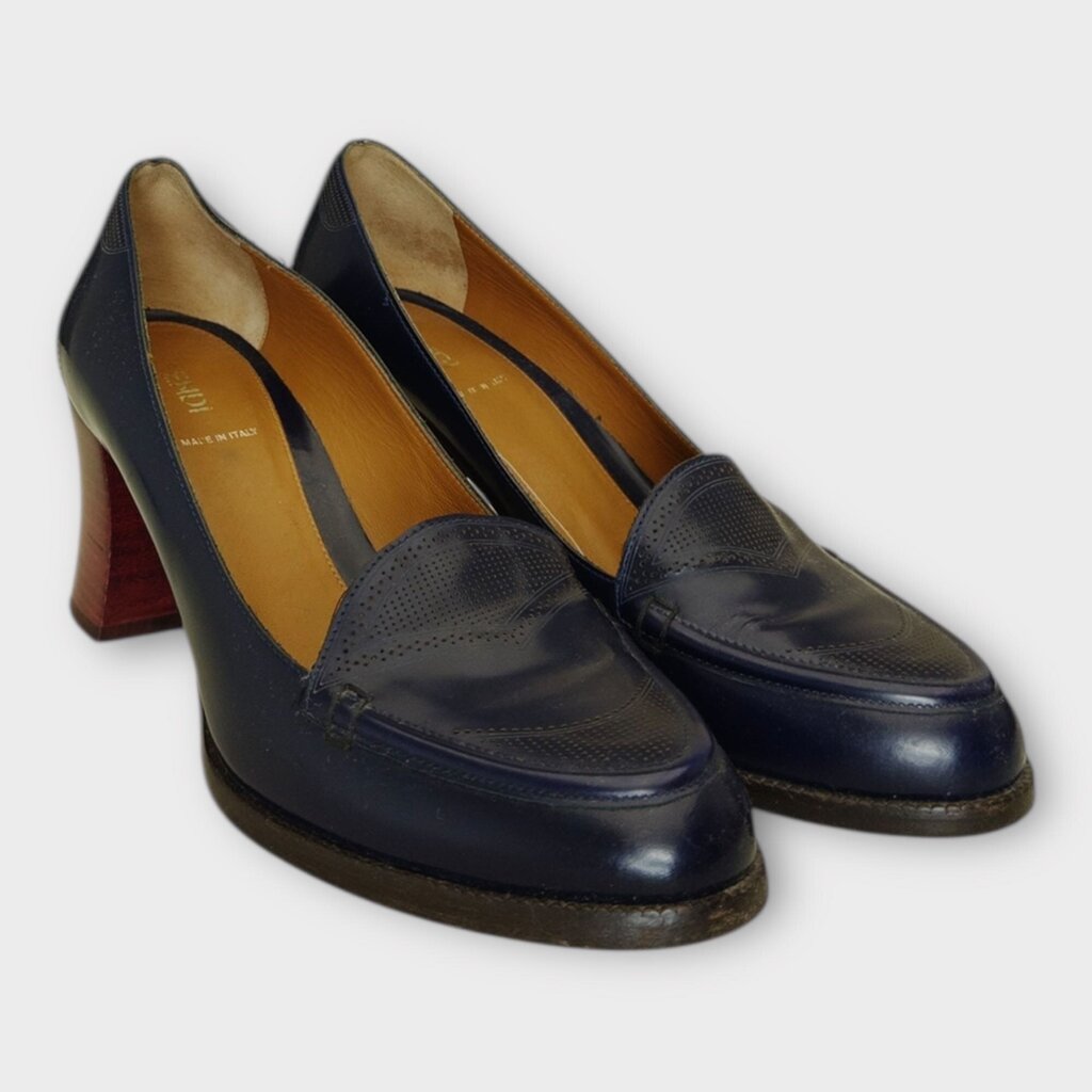 Fendi Navy Leather Wooden Block Heel Loafer