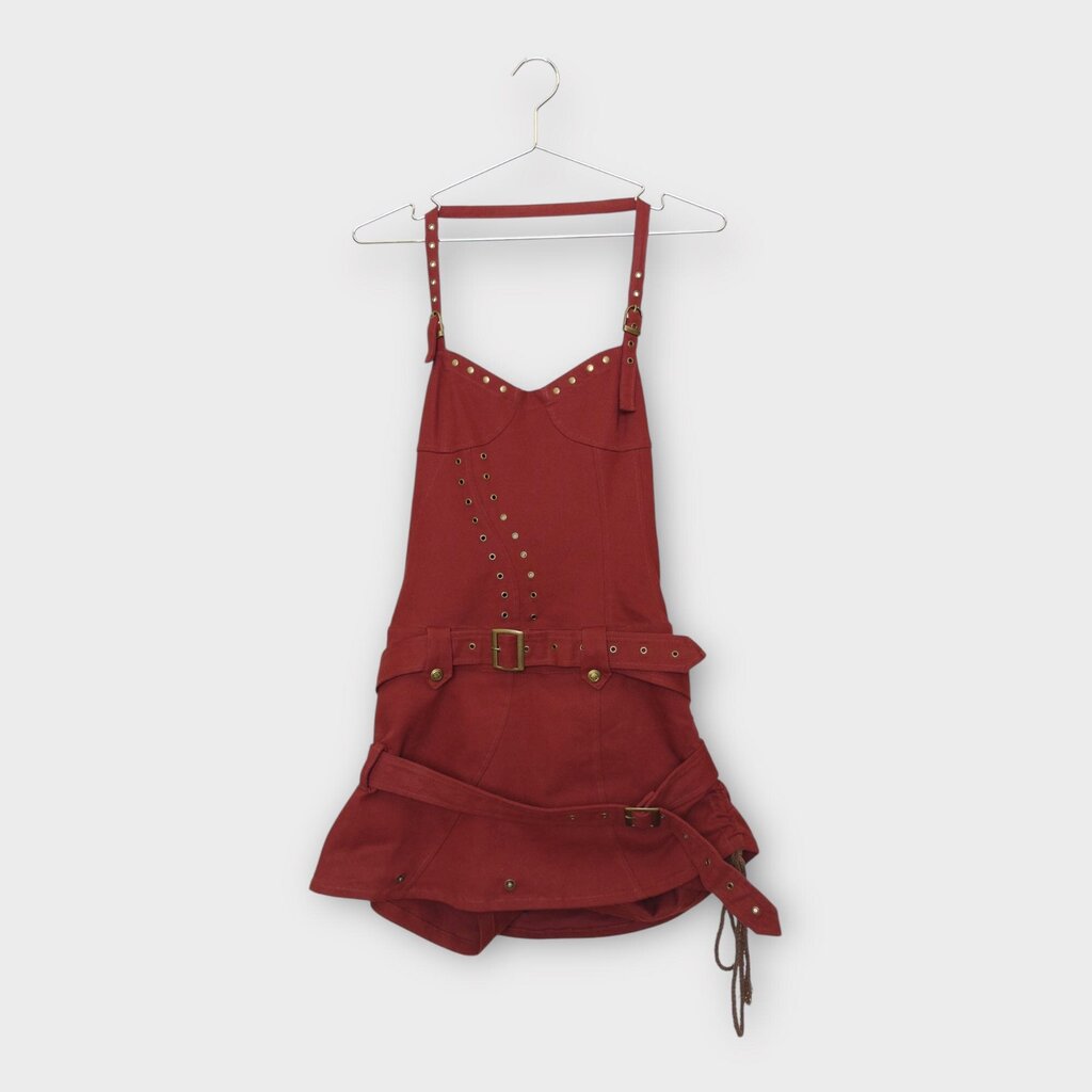 Red Denim Gold & Fur Detail Mini Dress