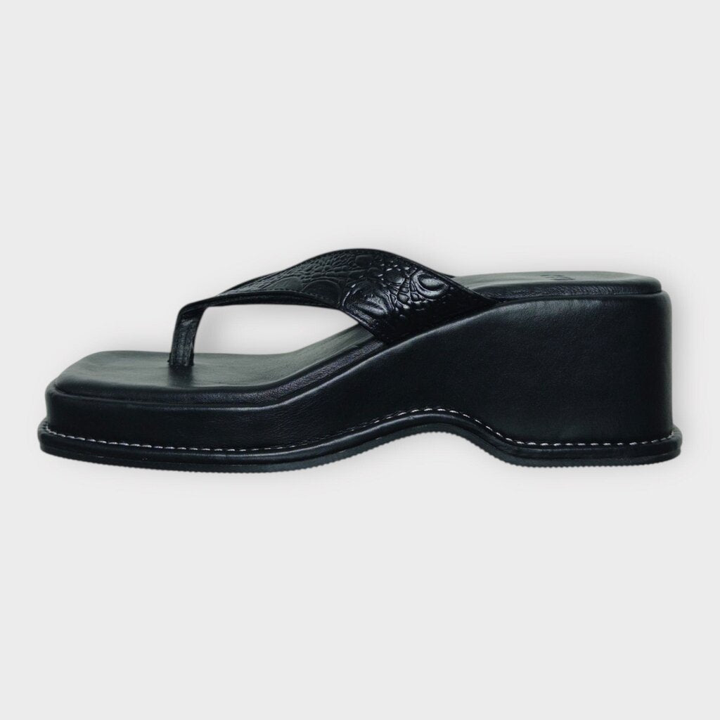 Black Leather Platform Thong Sandals