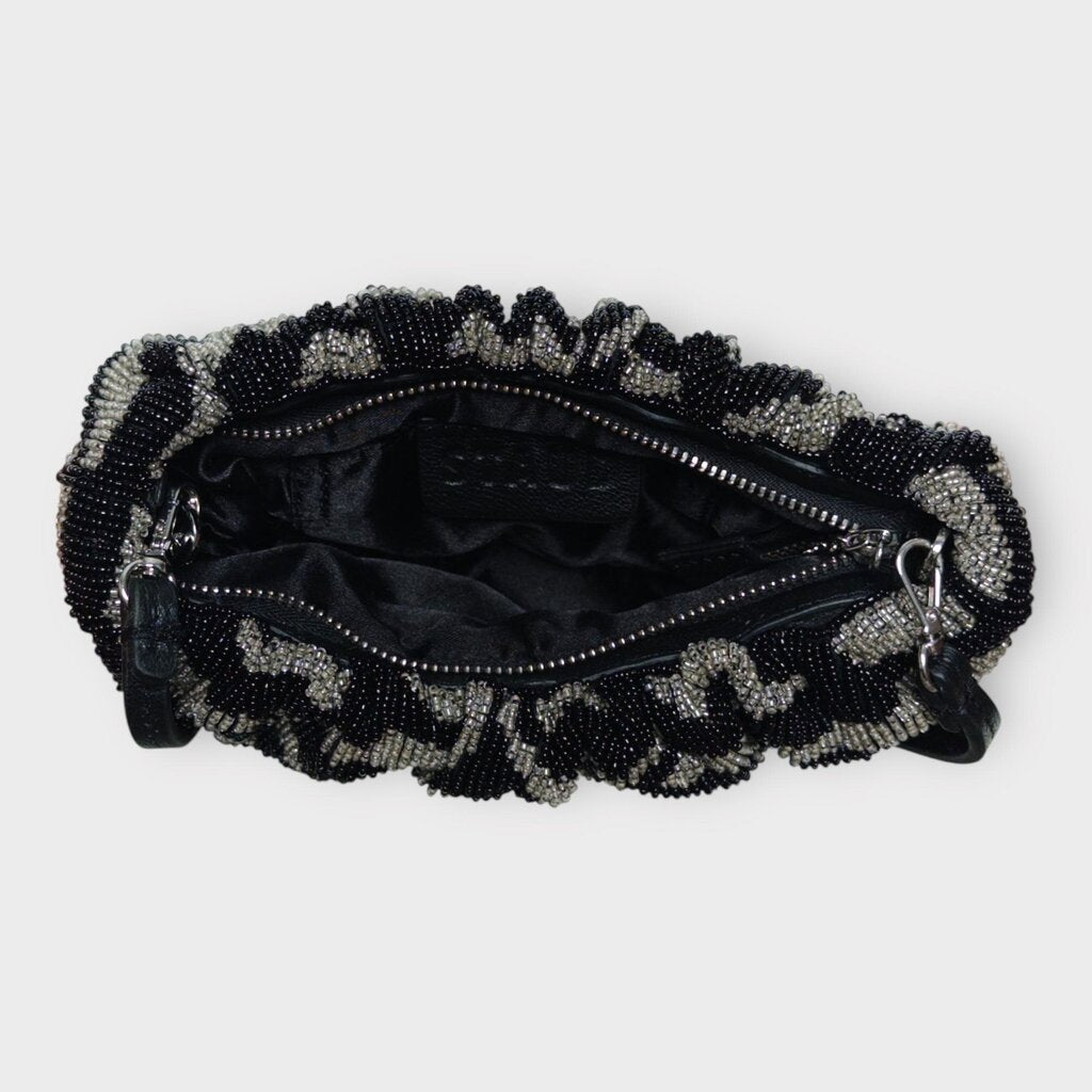 Black & Grey Gathered Beaded Bean Shoulder Bag