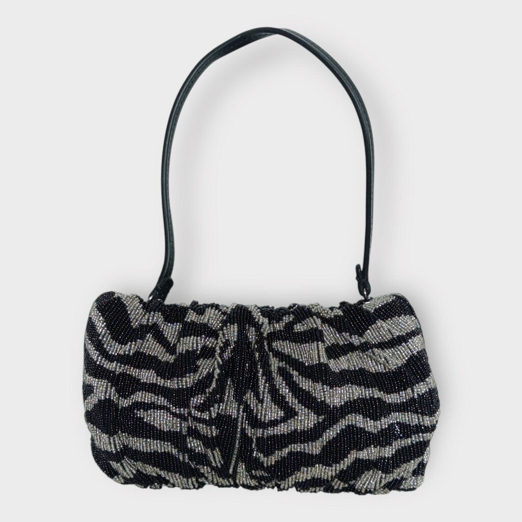 Black & Grey Gathered Beaded Bean Shoulder Bag