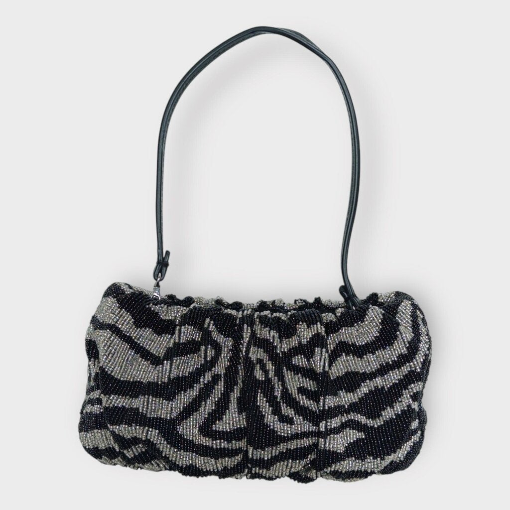 Black & Grey Gathered Beaded Bean Shoulder Bag