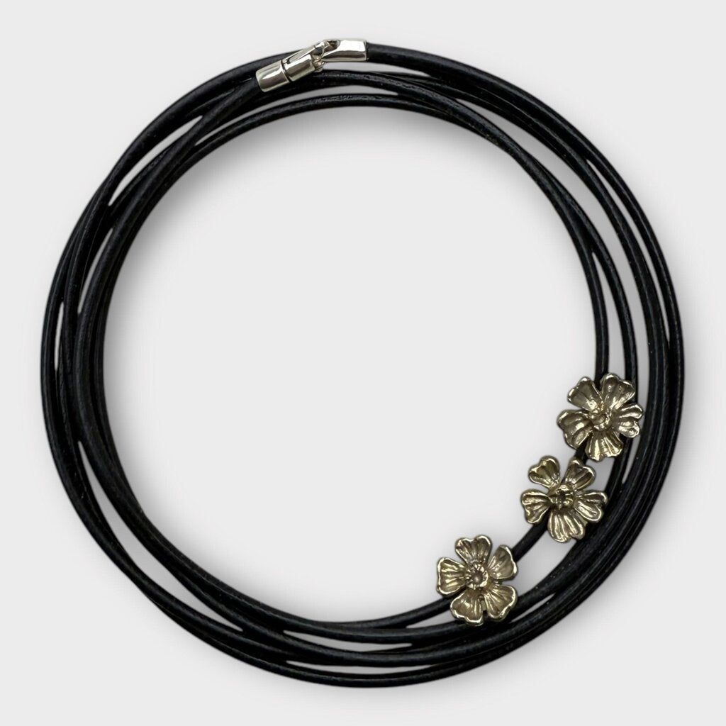 All Is a Gentle Spring Black Cord Flower Wrap Necklace