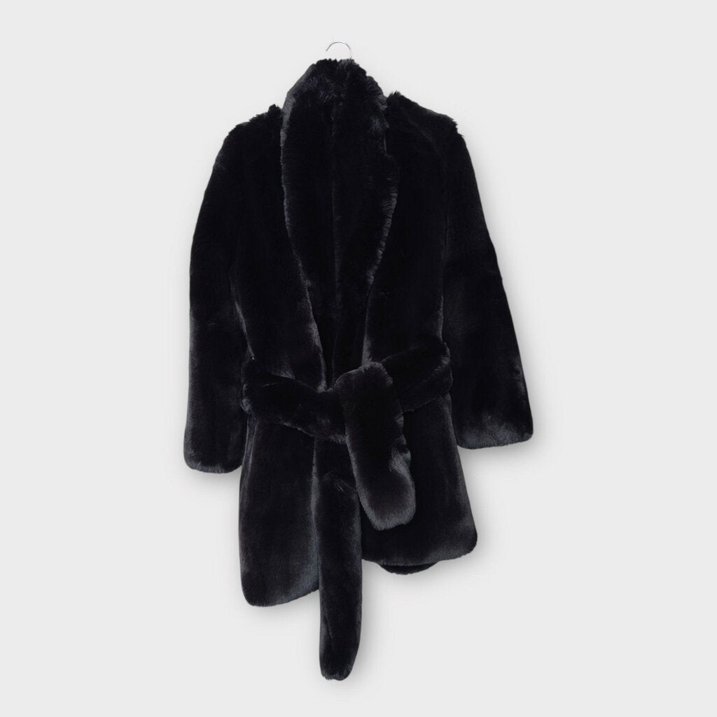 Staud Black Faux Fur Tie Waist Coat