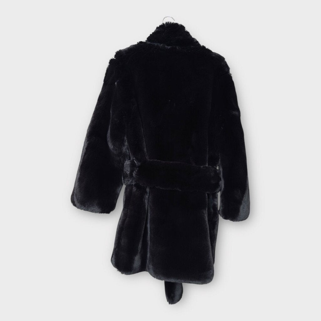 Staud Black Faux Fur Tie Waist Coat