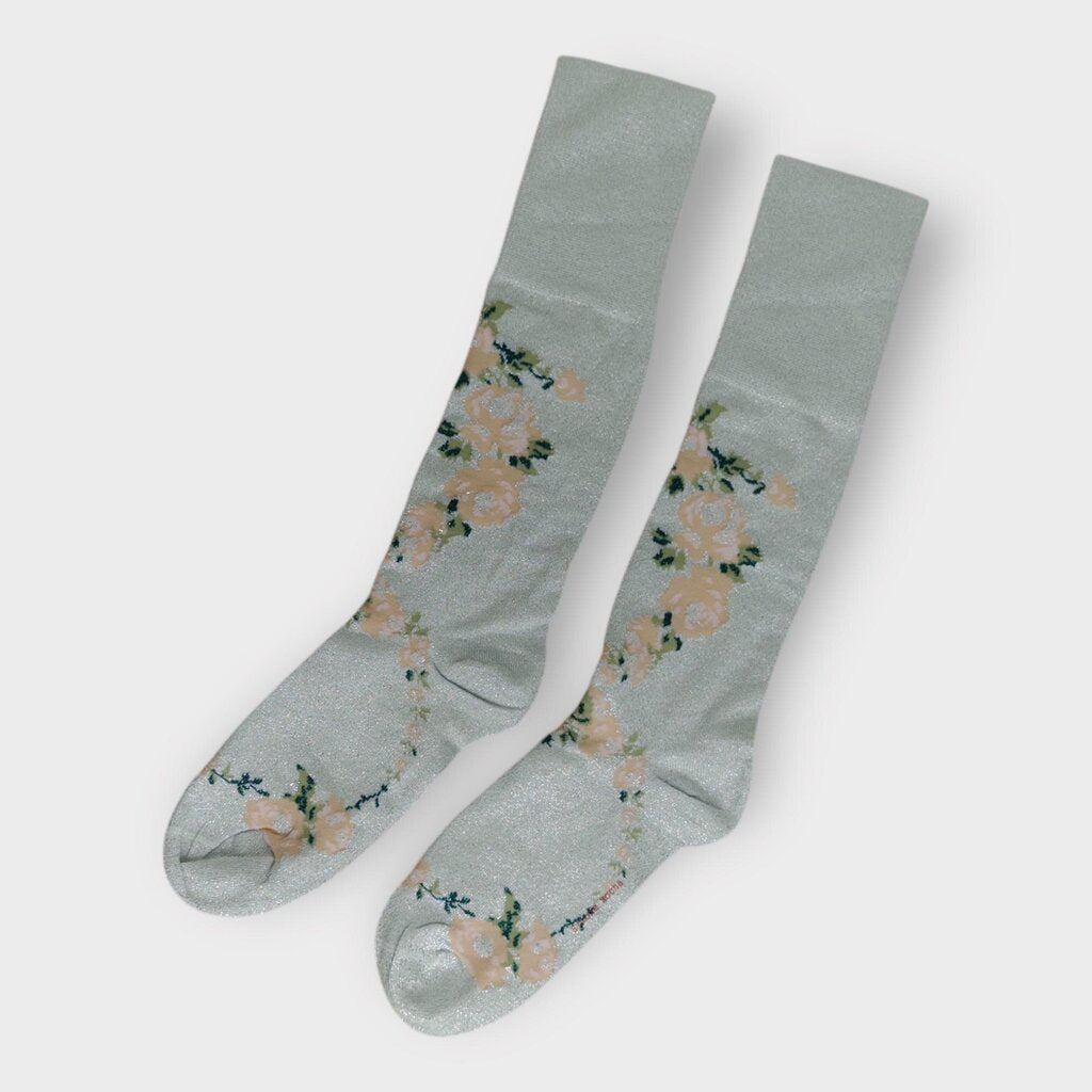 Silver Lurex Pink Floral Knee Socks