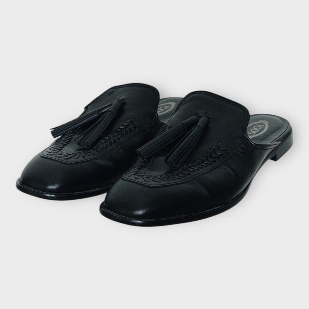 Black Leather Tassel Slide Loafers
