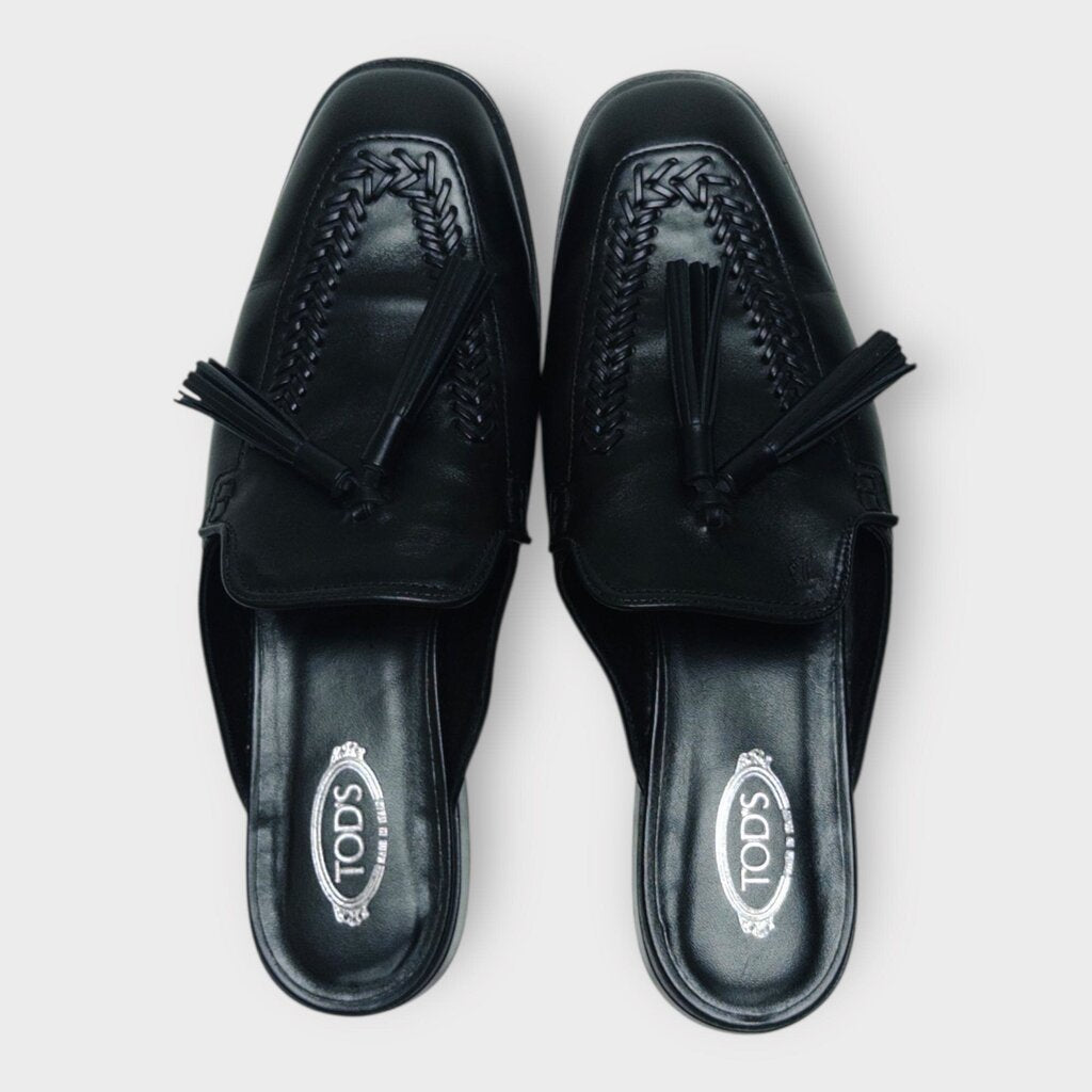 Black Leather Tassel Slide Loafers