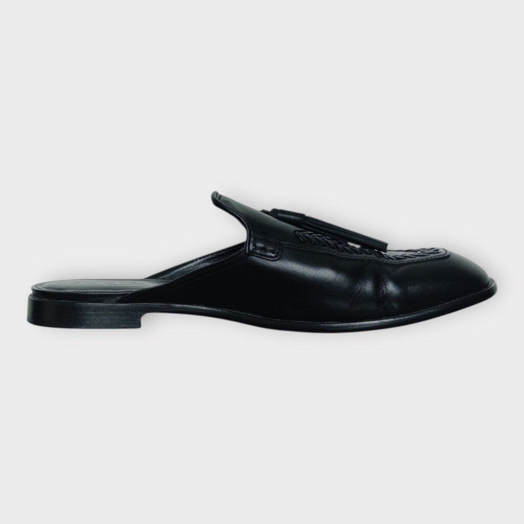 Black Leather Tassel Slide Loafers