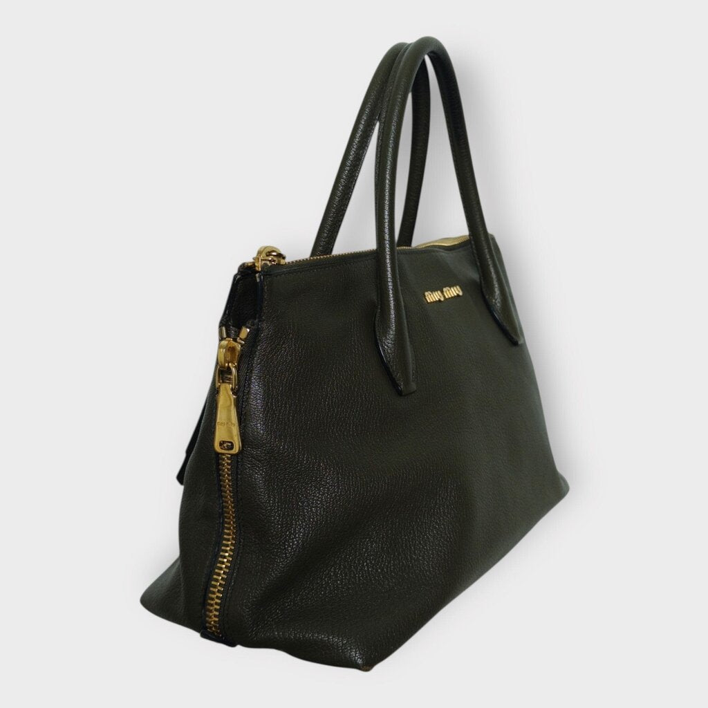 Khaki Leather & Gold Hardware Madras Bag