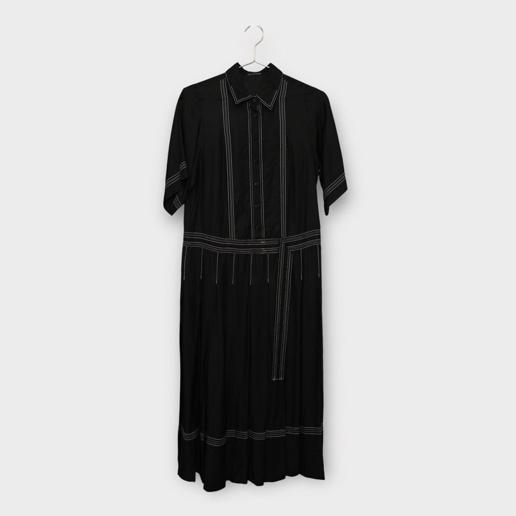 Black Contrast Stitch Pleated Shirt Midi