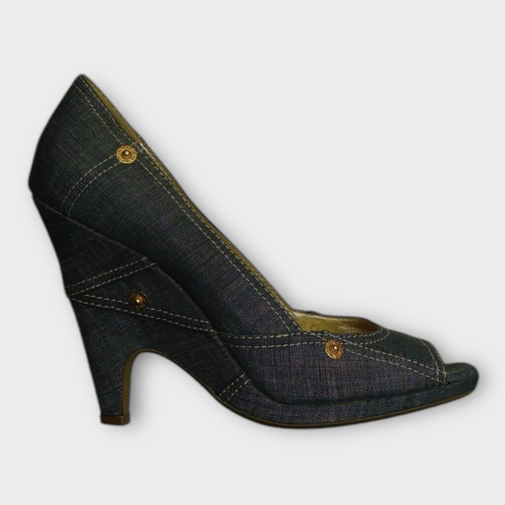 Denim Cut Out Wedge Peep Toe Heels