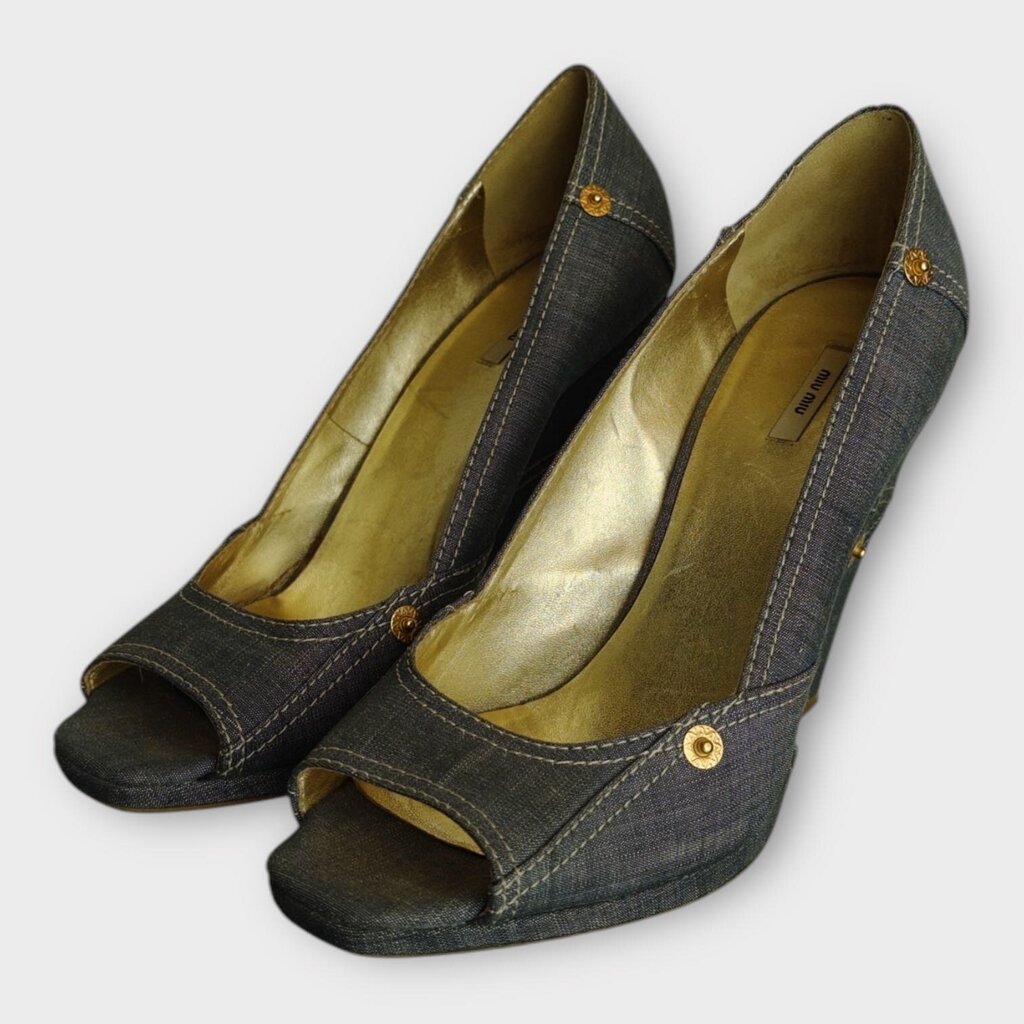Denim Cut Out Wedge Peep Toe Heels