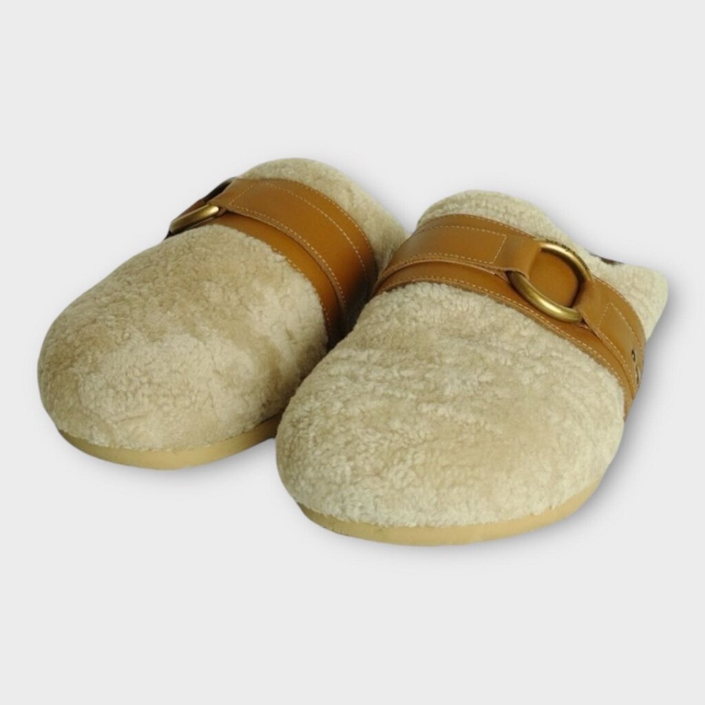 Beige Shearling & Leather Slippers
