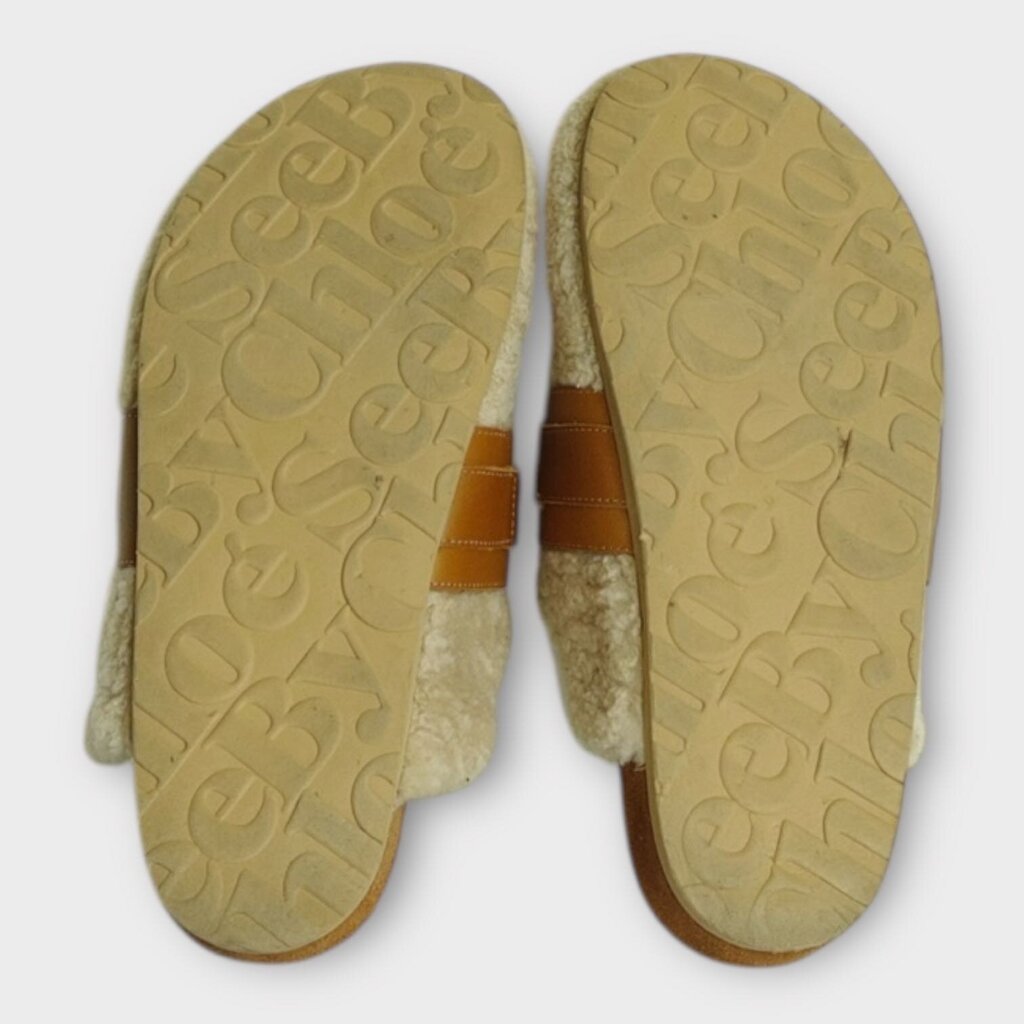 Beige Shearling & Leather Slippers