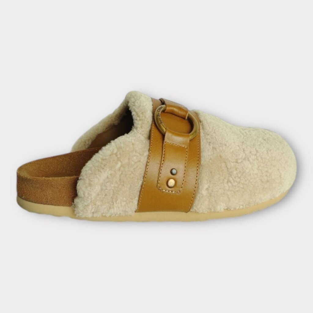 Beige Shearling & Leather Slippers