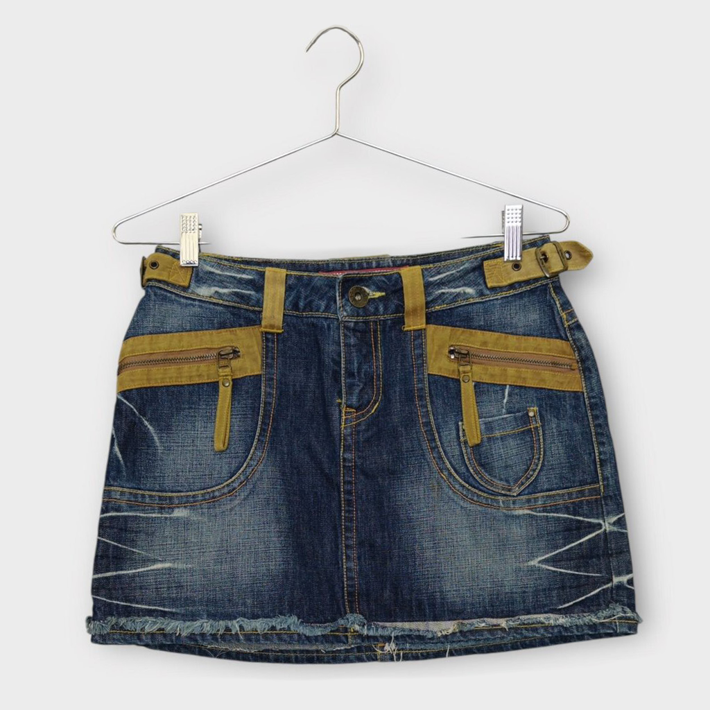Navy & Brown Denim Suede Details Mini Skirt