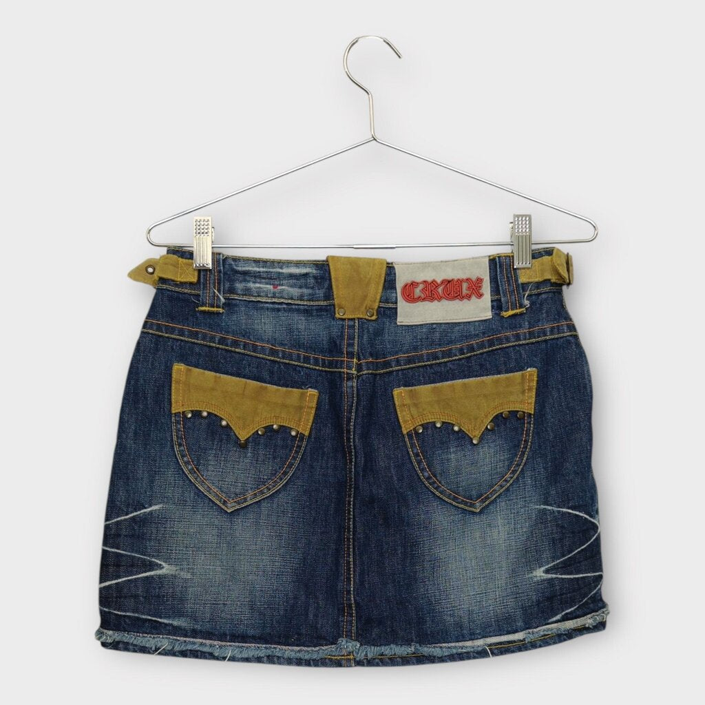 Navy & Brown Denim Suede Details Mini Skirt