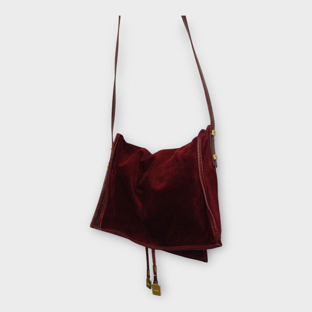 Red Suede Embossed Logo Flap Bag