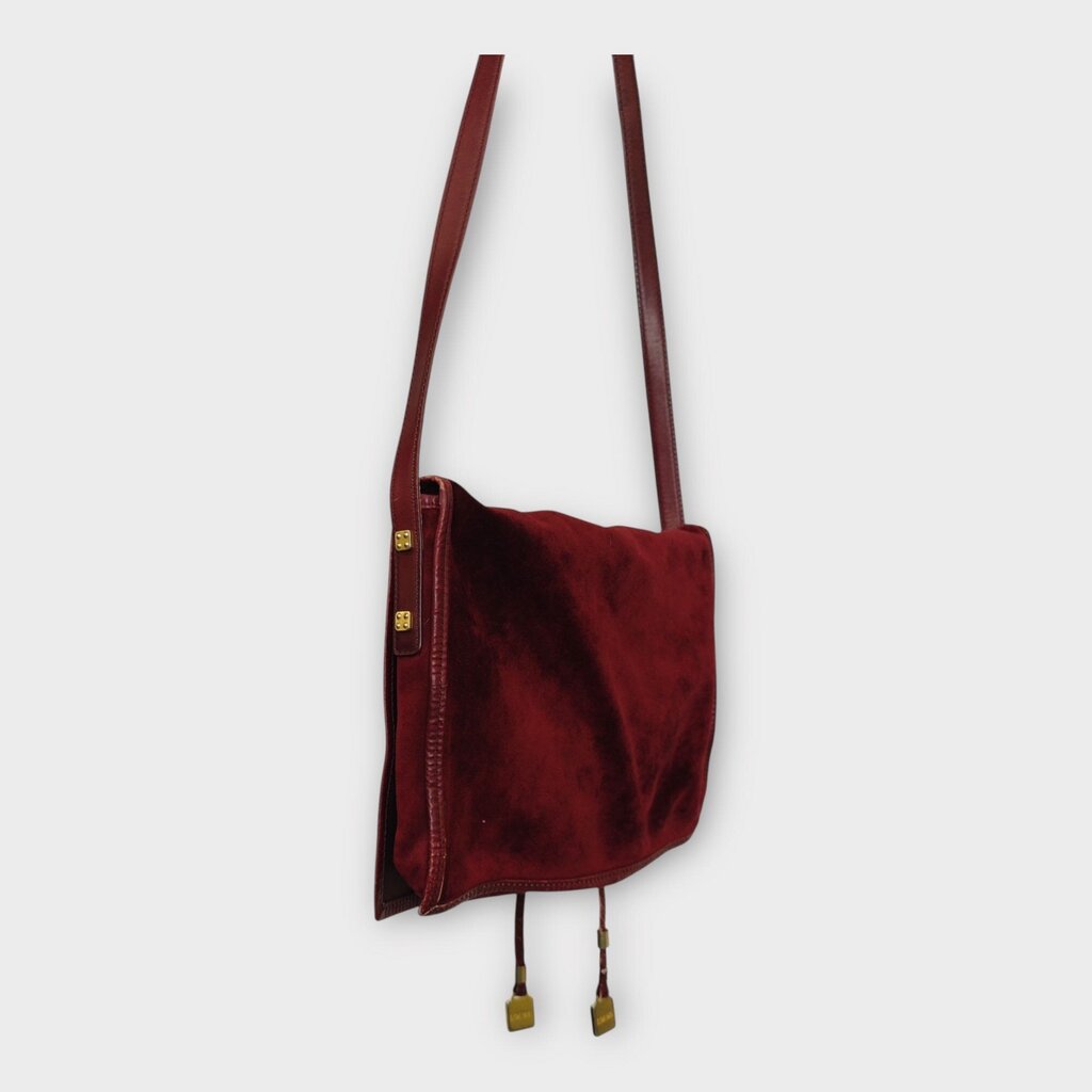 Red Suede Embossed Logo Flap Bag