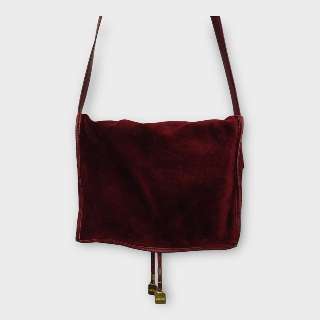 Red Suede Embossed Logo Flap Bag